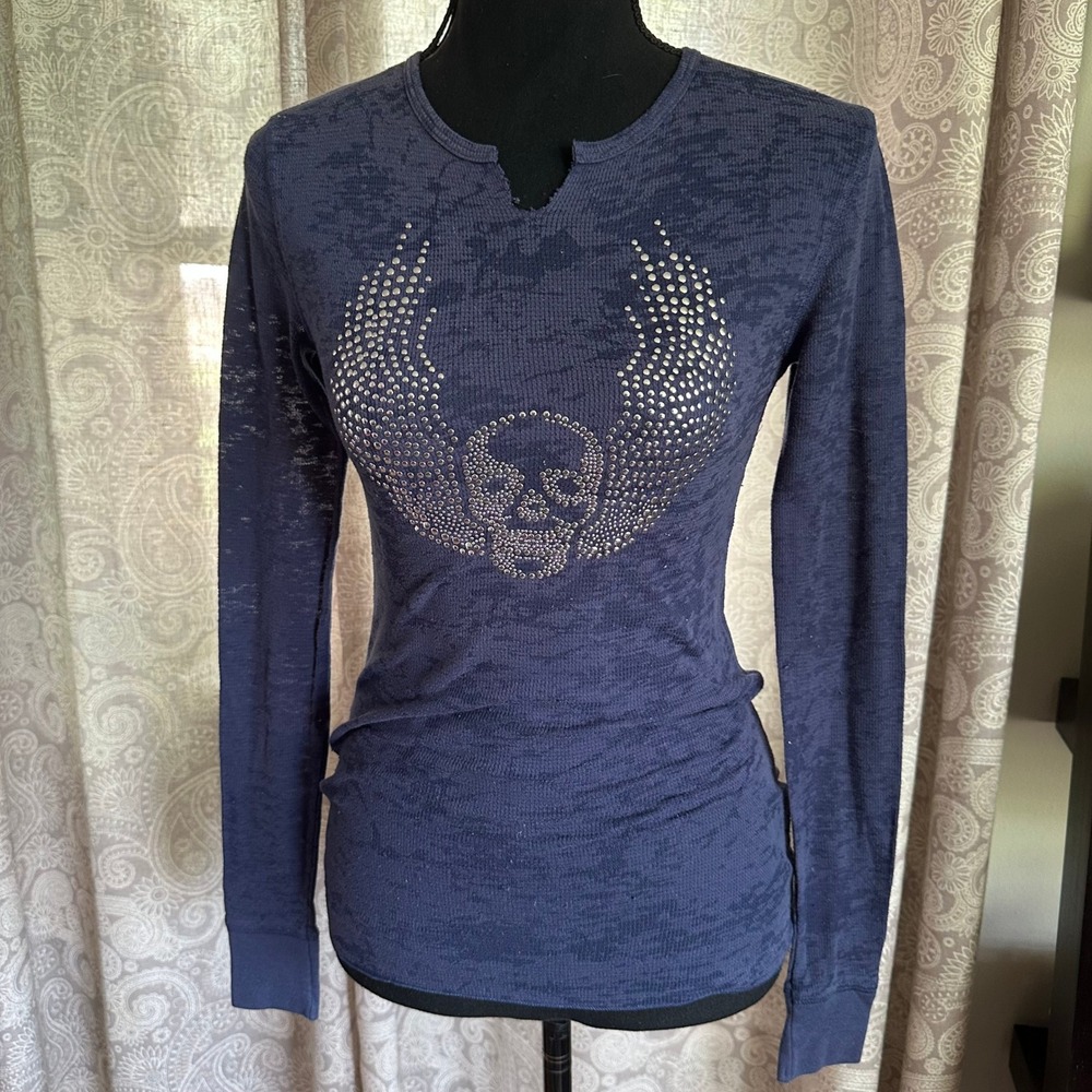 Jimmy'Z Y2k Womens Navy Burnout Thermal Grunge Rhinestone Skull Wing Top Small